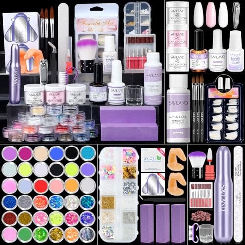 SAVILAND Acrylic Nail Kits Full Set For Beginners: 3pcs Acrylic Powder EMA Acrylic Monomer Nail Drill Nail Primer Top Gel Polish Acrylic Nail Brush Nail Tools 100 Nail Tips Practice Home Starters
