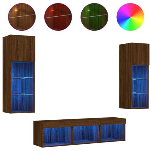 vidaXL Wohnwand 5-TLG., Schrankwand mit viel Stauraum, Anbauwand mit LED-Beleuchtung, Wandmontage Fernsehschrank Wohnzimmer Set, Braun Eichen-Optik