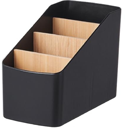 FYBlossom Holz Desktop Stift Fernbedienung Halter Organizer, Kunststoff Schreibtisch Organizer Stifthalter Make-Up Aufbewahrungsbox Mit Abnehmbar Fächer, Holz Desktop Organizer (Schwarz,Trapezförmig)