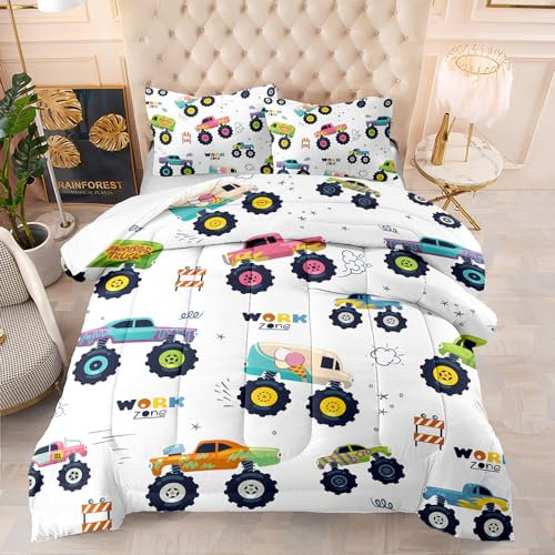 Suncloris MonsterTruck04 Kinder-Bettwäsche-Set mit Cartoon-Monster-Truck-Motiv, mehrfarbig bedruckt, Motiv: MonsterTruck04, Queen-Size-Bett