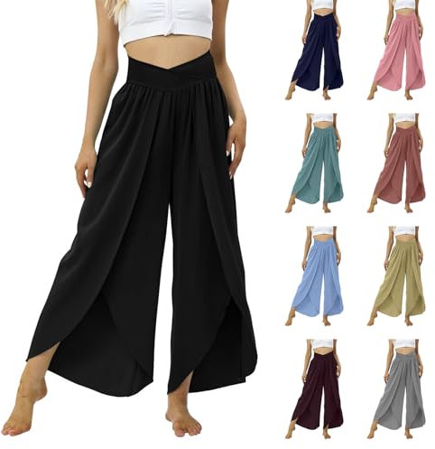 Leichte Sommerhose 7/8 Damen High Waist Plissee Palazzo Hose Leicht und Luftig Hosenrock V Taille Culottes Hosen Rüschen Weites Bein Wickelhose mit Schlitz Yogahose Haremshosen (01 Schwarz, XXL)