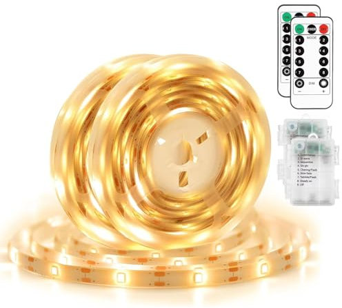 Pack of 2 Battery Operated LED Strip 1m, 8 Modes with Self-Adhesive, Remote Control, Cuttable