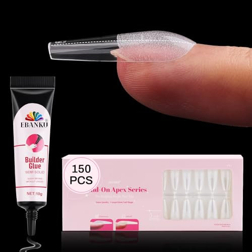 EBANKU Build on Apex Nail Tips 150PCS, Glamorous Long Coffin Full Cover Pre-Building & Pre-Shaped Press on Nail Thicker Acrylic for Extension Flat Nails Manicure 15 Sizes