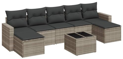 vidaXL Garten Sofa Garnitur 8-TLG., Gartenmöbel Set mit Kissen, Sitzgruppe für Garten Terrasse, Modular Gartensofa Hocker Lounge, Tisch mit Glasplatte, Hellgrau Poly Rattan