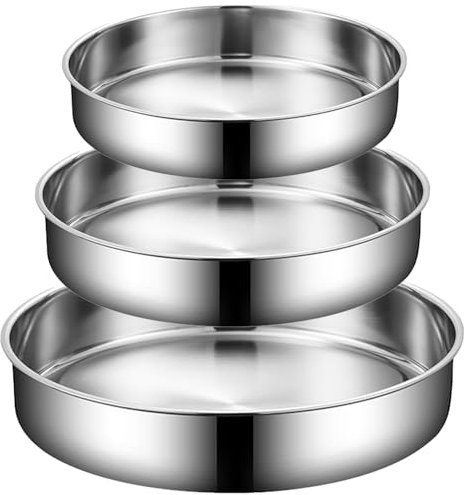 HQILRRA Stainless Steel Round Cake Tin 3 Piece Set, Heavy Duty Stainless Steel Cake Pan Baking Tray Set for Baking, Wedding,Birthday, 3 Sizes (24cm, 26cm, 28cm), Easy to Clean and Dishwasher Safe