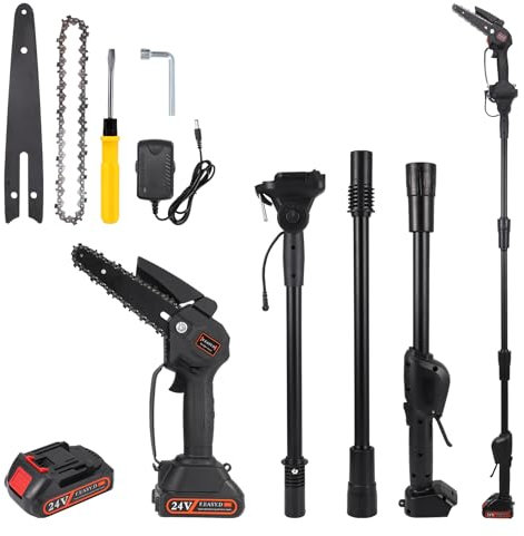 Cordless Pole Saw, 2 in 1 High Branch Saw & 6 Inch Mini Handheld Chainsaw, 3 Sections 1.8M Electric Extension, 24V Battery and Charger, 90°Adjustable Head, for Garden Tree Trimming Branch Cutting