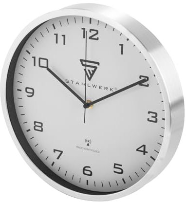 STAHLWERK Wanduhr 30 cm Silberne Werkstattuhr | Funkuhr | Funkwanduhr | Bürouhr | Küchenuhr mit Aluminium-Gehäuse und RCC-Uhrwerk