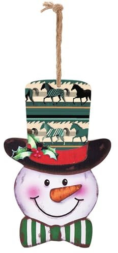 Urlaub Schneemann Holzschild mit Seil, Pferd Streifen Muster Druck Weihnachten Schneemann Holzschild Weihnachten Wandbehang Dekoration für Zuhause