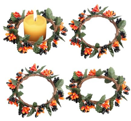 DeryArcle 4 Pcs Beere Weihnachts Kranz Deko,Schwarz Orange Bead Kerzenring,6cm Herbst TürKranz WandKranz,Beerenkranz für Erntedankfest Hochzeit Wand Tisch Deko (Schwarz-orangefarbene Perlen)