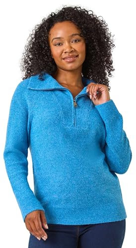 Roman Petite Zip Detail Collared Jumper for Women UK - Ladies Everyday Autumn Winter V-Neckline Comfy Soft Evening Vacation Work Party Night Out - Petite Blue - Size 16
