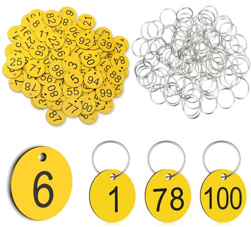 Sinmoe Kunststoff Nummernschilder 1–100 Zahlen Schlüsselanhänger Plastik Nummerierte ID Anhänger mit Loch für Garderobe Gepäck Restaurant Schließfächer Hotel(Gelb)