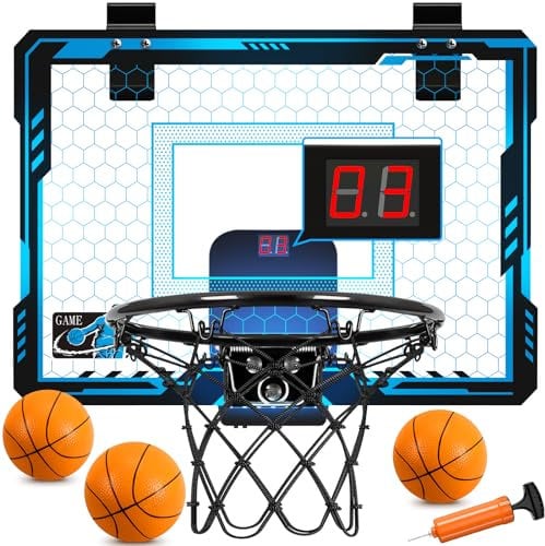 Canestro Basket Bambini Da Camera - Mini Canestro Basket Da Muro Interno Con punteggio Dotato Di 7 Colori LED E Tabellone Elettronico con Audio Giocattoli Sportivi (Blu)