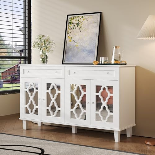 Aoskem Sideboard Kommode mit Stauraum 2 Schubladen und 4 Spiegeltüren, 140x40x83cm Buffetschrank Küchenschrank Wohnzimmer möbel komodenschrank Schließfach Standschrank Anrichte Hochschrank (Weiß)