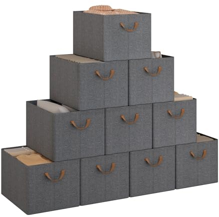 WOLTU Faltbare Aufbewahrungsboxen 10 Stück, Stoff-Aufbewahrungswürfel mit Griffen, Organizer Boxen für Regale, Stapelboxen zur Aufbewahrung, Grau, 47x35x30cm