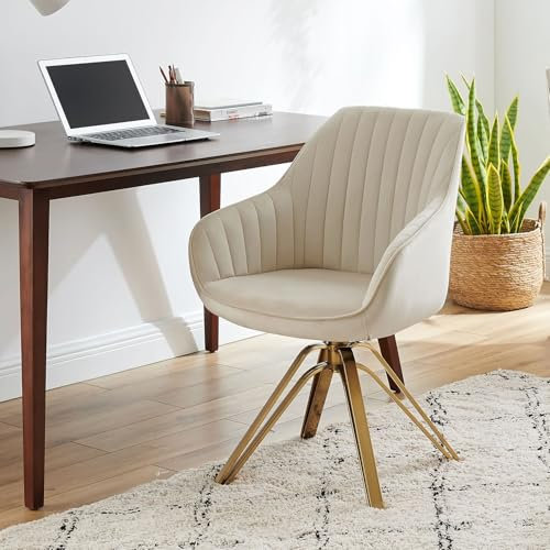Zouron Swivel Chair Offwhite Velvet with golden Legs - Desk Chair for Home Beige Velvet with Arms and 41cm Back, Lounge Accent Armchair Office Chair Desk Chair (Offwhite-1pcs)
