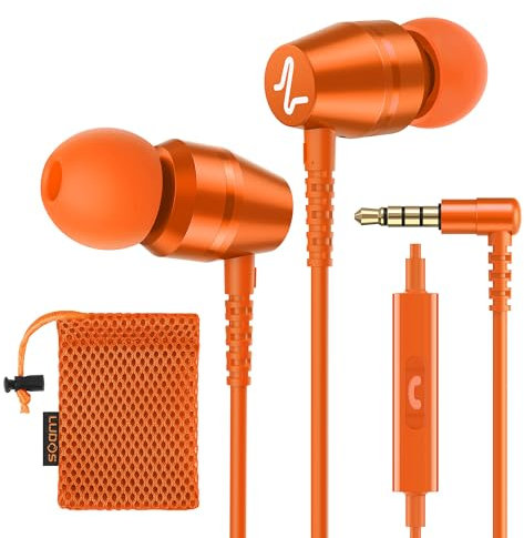 Ludos OMNITONE Wired Earbuds in-Ear Headphones, Earphones with Microphone, 5 Years Warranty, Noise Isolation Corded for 3.5mm Jack Ear Buds for iPhone, iPad, Samsung, Laptop, Gaming, Sports - Orange
