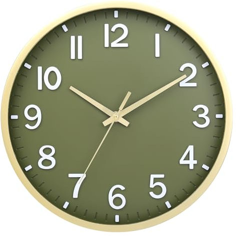 Moiubik Wall Clock 12 Silent Non-Ticking,Modern Wall Clocks Battery Operated for Living Room Bedroom Kitchen Office Classroom Decor(Green Gold)
