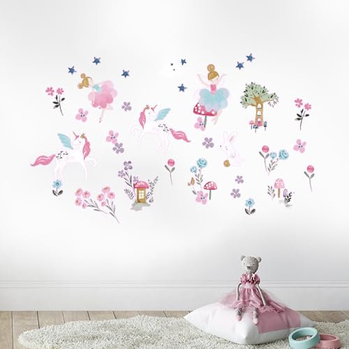 Happy Linen Company Lot de 42 stickers muraux pour enfants Motif licorne et forêt enchantée Rose