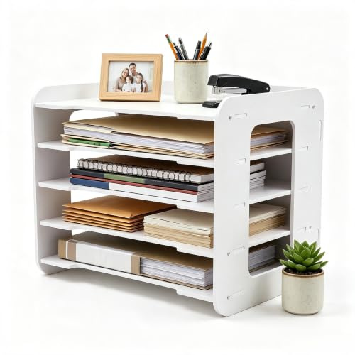 5 förvaringsfack skrivbord vit, mortise and tenon konstruktion brevfack stapelbara pappershyllor, A4 pappersförvaringsfack dokumenthållare skrivbord organiserare med multifunktionell övre hylla