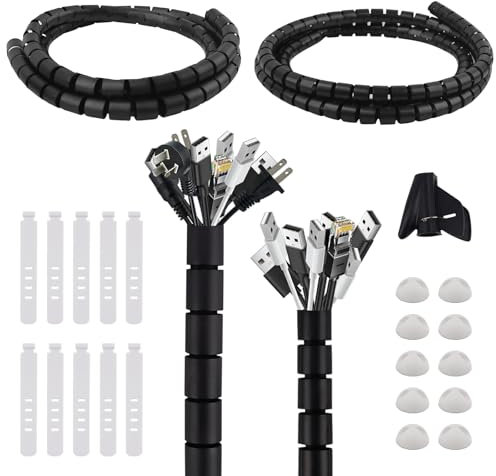 AWBEOT 2 x 1.5 M, Cache Câble, Range Câble, Diamètre 16 mm / 22 mm, Gaine Spirale Câbles Flexible, Protection des Cables, pour TV,PC,Automobiles, avec 10 bandes de rangement,10 clips de fixation, Noir