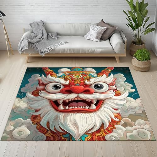 Dpvbffx Chinesischer Löwentanz Teppich Wohnzimmer Schlafzimmer, Karikatur Löwe Kurzflor Teppich 120x170 cm, Orientalisch Kultur Teppiche Antirutsch Weich Waschbare Teppiche Kinderzimmer Bettvorleger