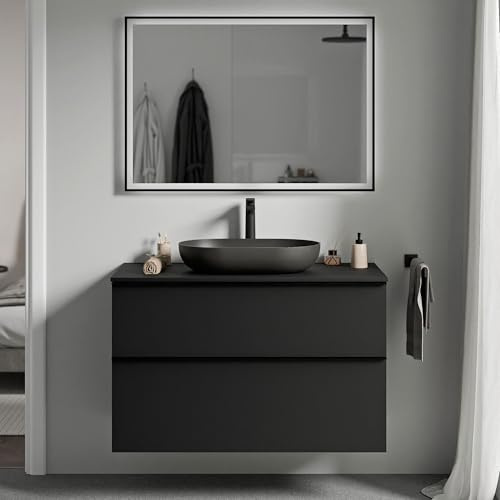 BERNSTEIN - Waschbeckenunterschrank zum Aufhängen, für Badezimmer, MDF, schwarz, matt, Waschtisch & Metallgriff, mattschwarz – 100 x 46 x 62 cm – LAVOA