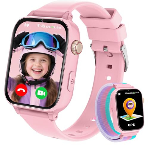 Smartwatch Kinder GPS und Telefon, 4G Uhr Kinder Smartwatch mit Videoanruf, Voice Chat, Schulmodus, WiFi, SOS, Kamera, Spiele, Wecker, Schrittzähler, Kinderuhr für Mädchen Jungen 4-12 Jahren, Rose