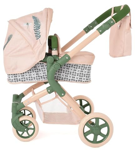 Roma Single Baby Toy Stroller with Lightweight Frame, 2-in-1 Baby Doll Accessories, Adjustable Handle, Carry Cot to Seat Unit, for Ages 3-9, Includes Shopping Basket (RHS Fern)
