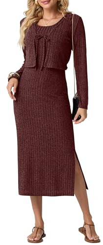 GRECERELLE Damen Strickkleid Strickjacke 2-teiliges Strick-Set : Midi Winterkleid Lang mit Spaghettiträgern & Seitenschlitz + Kurz geschnittenes Cardigan mit Bindegürtel und Langarm