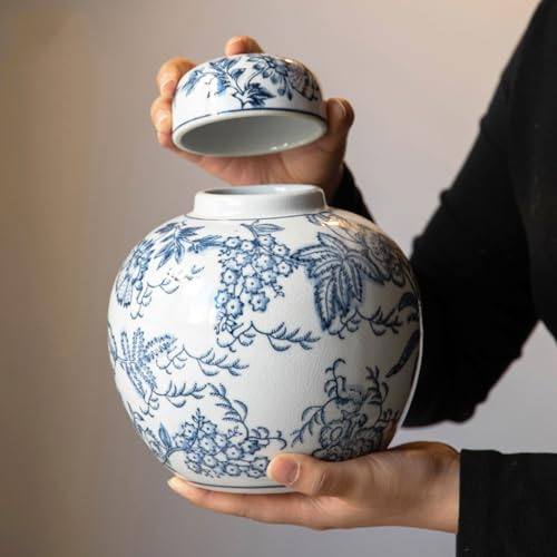 XIUWOUG Vintage Blaue und weiße Jar Vase mit Deckel für Chinoiserie Dekor antike Rissbildung chinesische dekorative Blumenvase für Wohnkultur, Wohnzimmer Dekor