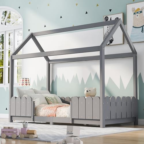 LINKHOO Hausbett, vielseitiges Holz Kinderbett für Jungen & Mädchen, Mit Rausfallschutz und Lattenrost(Ohne Matratze), 90x200 cm, Grau