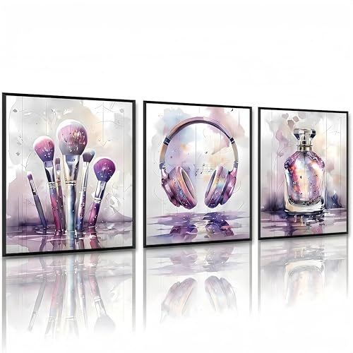 Linilioart Wandkunst-Bilder für Teenager-Mädchen, 3er-Set, rosa und violett, Spritzdrucke, Headset, Musikliebhaber, Poster für Schlafzimmer, ungerahmt (50 x 70 cm)