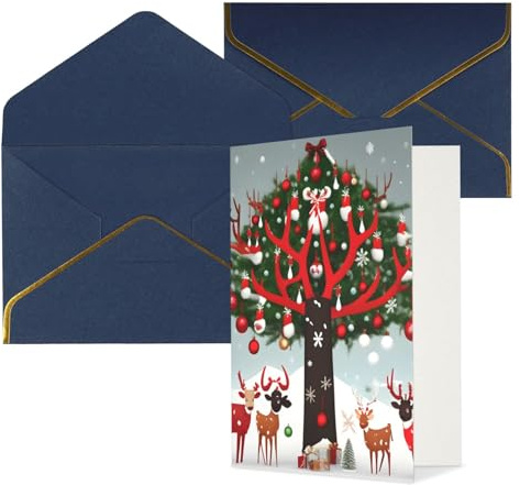 Longzehao Weihnachtskarten mit Kuh- und Hirschbäumen, innen blanko, mit Umschlag, geeignet für Familie und Freunde