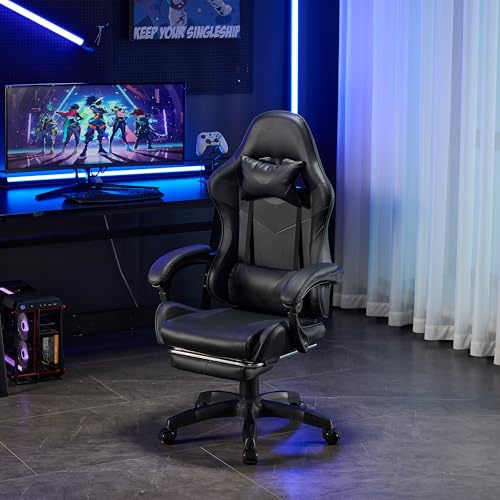 Koaris Chaise Gaming Ergonomique en Cuir Noir - Fauteuil Bureau avec Repose-Pieds, Rotation 360° et roulettes, pour Jeu et Travail Adultes