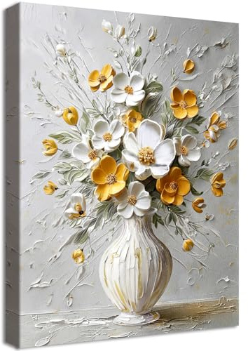 Modernes Weiß Gelb Blumenmuster Leinwand Bilder Mit Rahmen Botanische Topfpflanzen Bild Blumen in der Vase Wandbilder Leinwand Malerei Wohnzimmer Schlafzimmer Zuhause Landhausstil Wanddekor 30x40cm