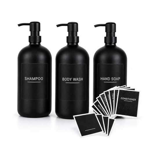 500ml Glass Soap Dispensers with Waterproof Labels Black Empty Refillable Bottles with Pump for Bathroom