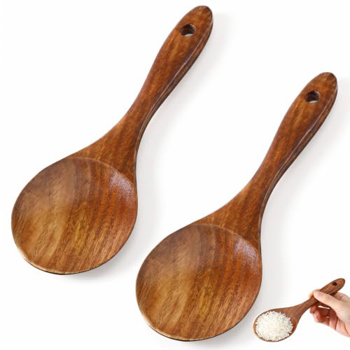 RAHHLIZS 2Pcs Natural Phoebe Wood Rice Paddle, Non-Stick Rice Spoon | Rice Spatula for Cooking, Eco-Friendly Alternative to Bamboo Spoons for Cooking (Brown, 8.27 x 2.91 Inch)