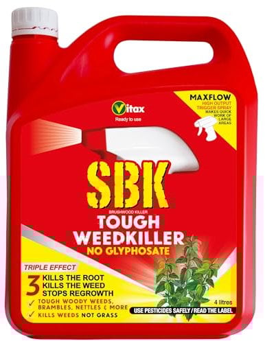 Vitax Sbk Brushwood Killer Tough Weedkiller, Kills Down To The Roots, Suitable For Brambles, Nettles, Dock, Woody Weeds, Hardwood & Tree Stumps, Wont Kill Grass, Ready To Use - 4L