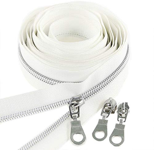 # 5 Antik Silber metallic Nylon Spule Reißverschlüsse von The Yard Bulk 10 Yards weißes Band mit 25 Stück Silber Schieberegler für DIY Nähen Schneider Handwerk Tasche Leekayer (weiß)