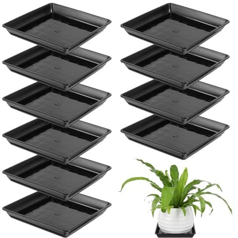 Yardwe 10 platos cuadrados de plástico para plantas, bandeja para macetas, platillos de flores, bandeja para macetas de jardín, agua y tierra 18,8 x 17,8 x 3,8 cm, color negro