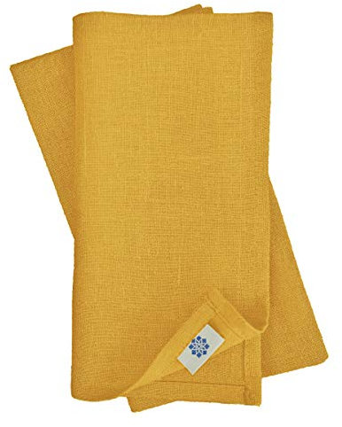 Linen & Cotton Hochwertige 4 x Stoffservietten/Servietten Stoff/Leinenservietten Hygge - 100% Leinen, Senfgelb/Gelb (45 x 45cm) für Feiern Home Küche Esstisch Dekoration Abendessen Cafe Restaurant