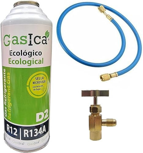REPORSHOP - 1 Botella Gas Gasica D2 226g + Valvula + Manguera Alternativo R12, R134A Freeze