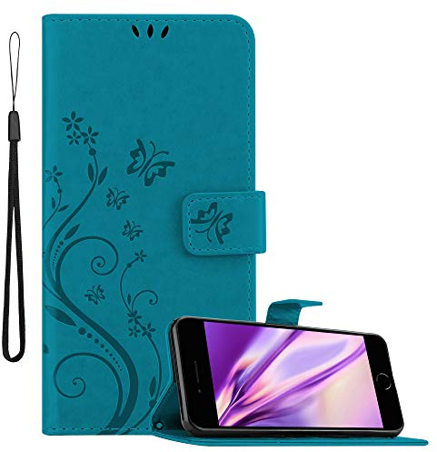 Cadorabo Hülle kompatibel mit Apple iPhone 7 Plus / 7S Plus / 8 Plus Blumen Design aus Kunst Leder Flip Klappbare Magnetische [Kartenfächern] Cover Hülle für iPhone 7 Plus / 8 Plus Tasche in Blau