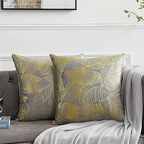 OMMATO Kissenbezug 45x45 cm Samt Gold Blätter Kissenbezüge Grau Dekorative Kissenhülle Dekokissen für Sofa Schlafzimmer Wohnzimmer 2er Set