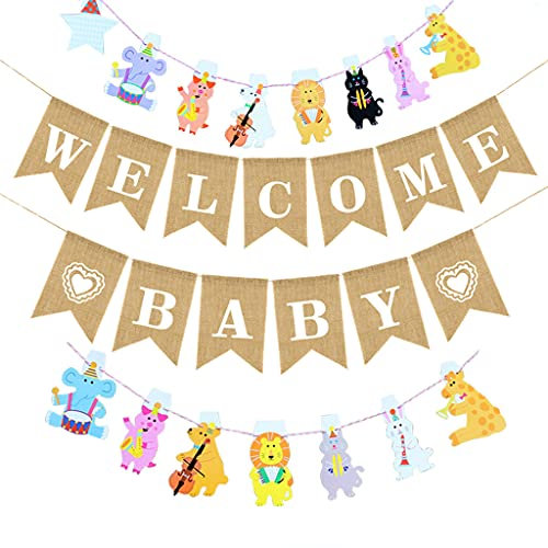 Willkommen Baby Girlande - Rustikale Sackleinen Banner, Vintage Leinen + Wald Kreaturen Set, Deko für Baby Shower Mit Fuchs Hirsch Tier Girlande
