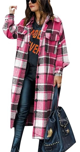 EFOFEI Femmes Veste En Laine Mélange Mélangée Baggy Lapel Button Shackets Casual Check Blouse Oversize Outwear Automne Flanelle Classique Plaid Shirts Rose XL