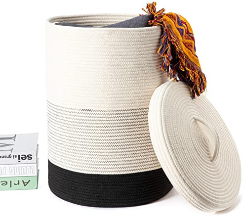 CHENGLANOK Panier à linge tressé avec couvercle - Grand panier rond tressé pour chambre d'enfant - Avec couvercle - Grand panier à linge - Avec anse - Blanc gris et noir