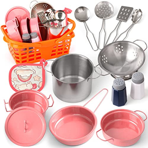 Veitch fairytales Accessoire dinette Enfant Ustensile Cuisine Enfant Ensemble de Jouet de Casserole en Acier Inoxydable coloré Cadeau 3 4 5 6 7 8 9 10 Ans(Rose)