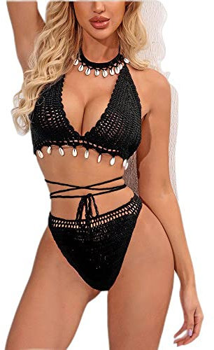 Handgehäkelter Badeanzug Frauen - Einfarbig Zwei Stücke Set Hand Häkeln Stricken Bikini Badeanzug,Frau Häkel Muschel Quaste Bikini Oberteil,Sexy String Hollow-Out Low Waist Bikini Bottom,Schwarz,XL