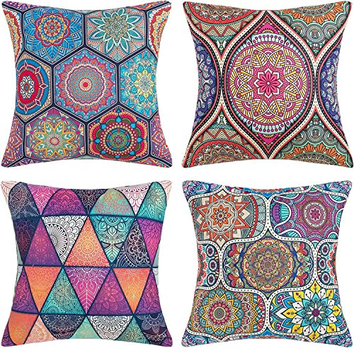 Sofakissen Kissenbezug 50x50 Boho Moderne Mandala Kissenhülle Outdoor Dekokissen Kissenbezüge Baumwolle Leinen Frühling Zierkissenbezüge für Sofa Auto Büro Schlafzimmer Home Dekor 4er Set